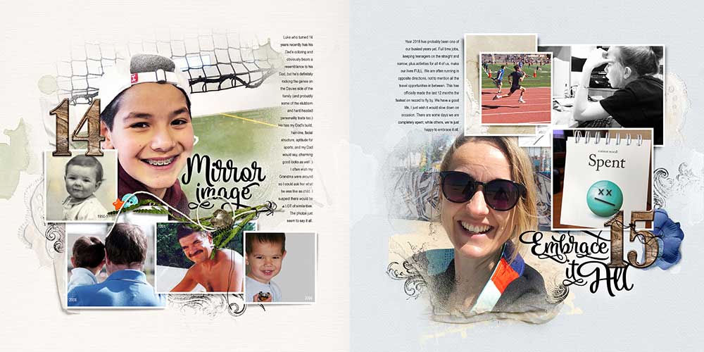Digital scrapbook photo book project 2018 pages 14 and 15