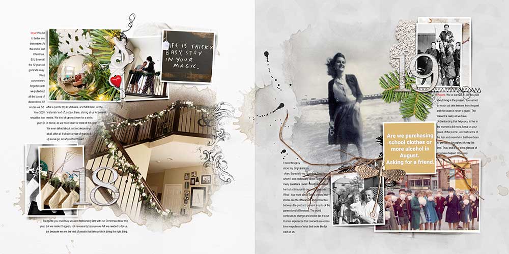 Digital scrapbook photo book project 2020 pages 18 and 19