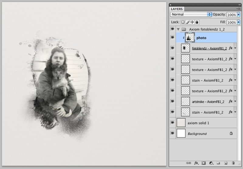 a photo clipped to the FotoBlendz mask layer, taking on its shape