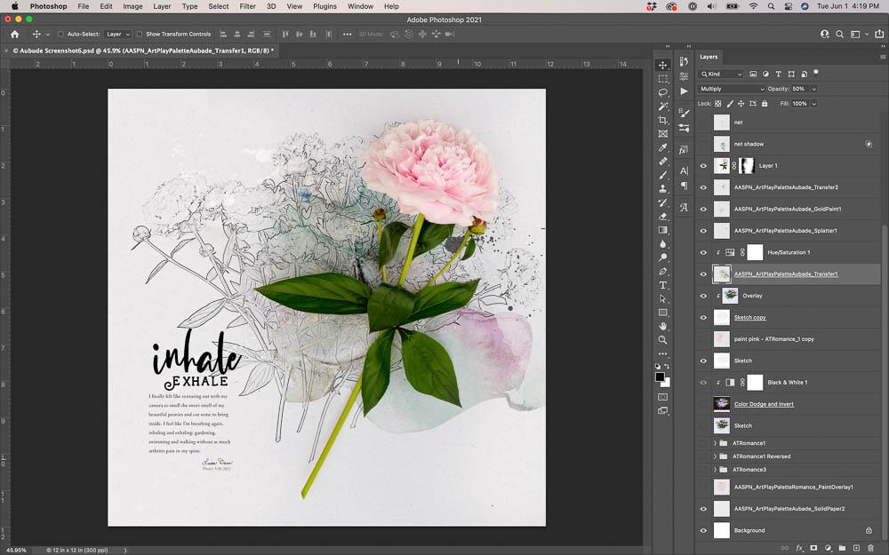 ArtsyTransfers placed in Multiply mode coloring a sketch layer digital scrapbooking layout