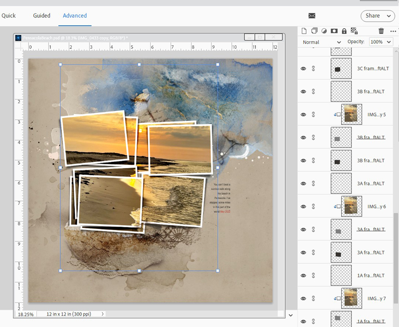 photo extended continuously across all multiple frames in the digital scrapbooking template layout