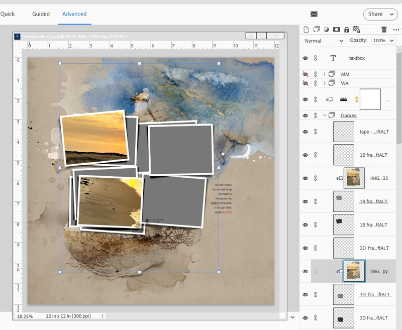 duplicating and linking photo layers to extend a photo across multiple frames in Photoshop Elements