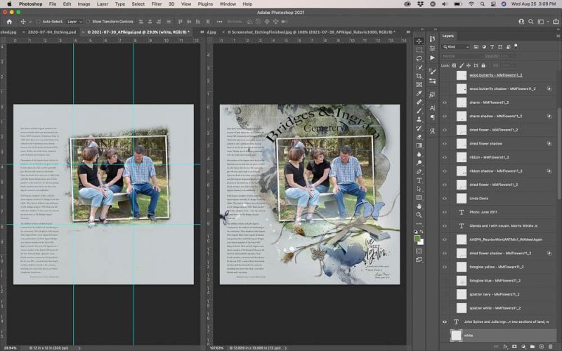Line guides digital scrapbooking page example – focal photo placed off-center using grid squares