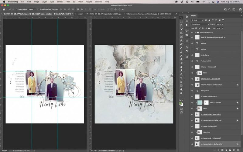Linear band design in a digital scrapbooking layout using horizontal guide rows