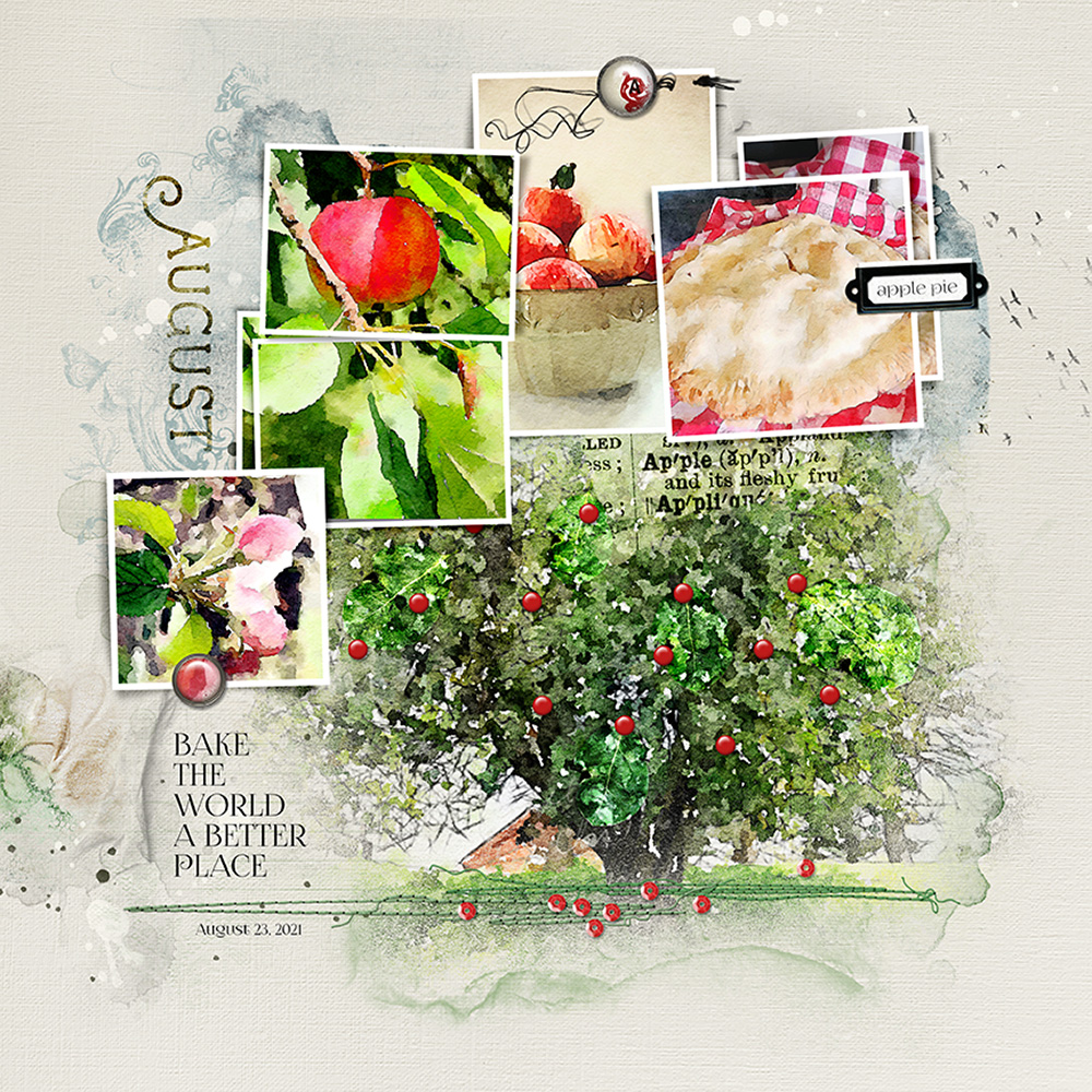 Digital scrapbooking photo effects using Waterlogue app and dimensional embellishments - layout by Miki Krueger