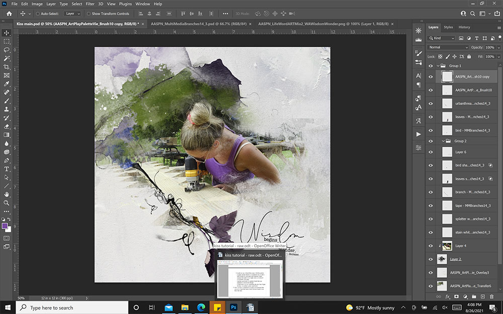 using ArtStroke and splatter brushes to embellish white space on a simple digital scrapbooking page