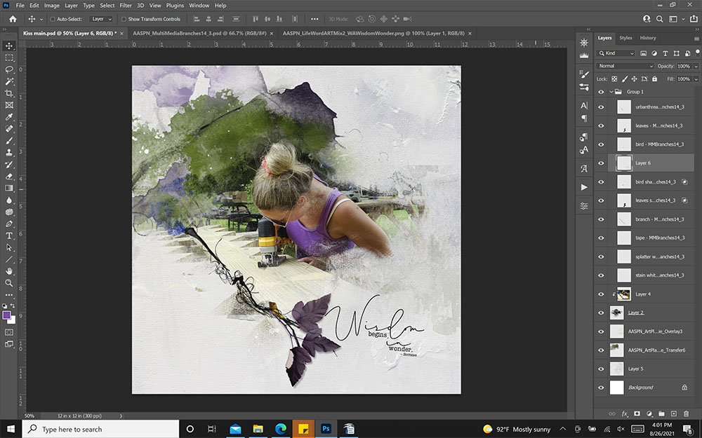 adding WordART title and written context to a simple digital scrapbooking page in Photoshop