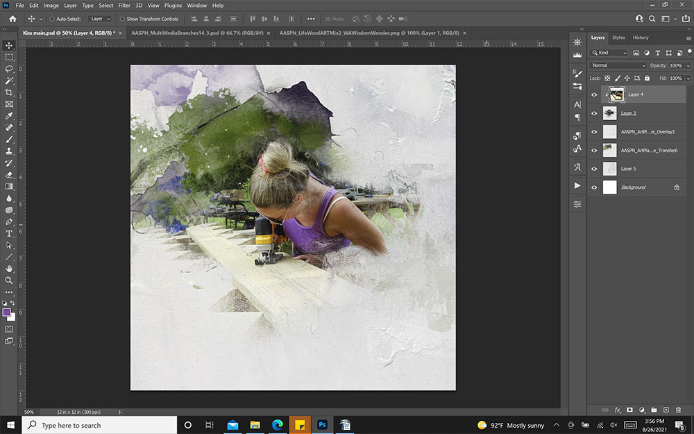 adding transfers and overlays to matte a focal photo on a simple digital scrapbooking page