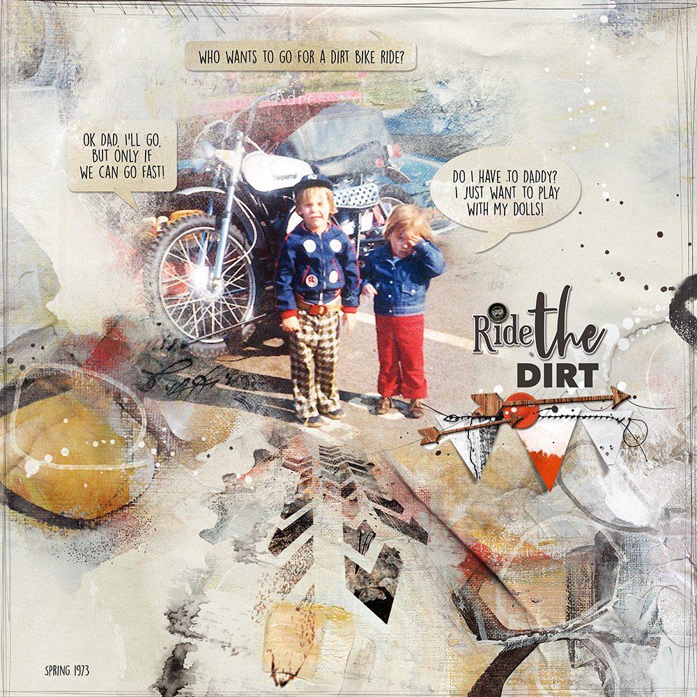 Digital scrapbooking story told with humor - Ride The Dirt layout by Miki Krueger