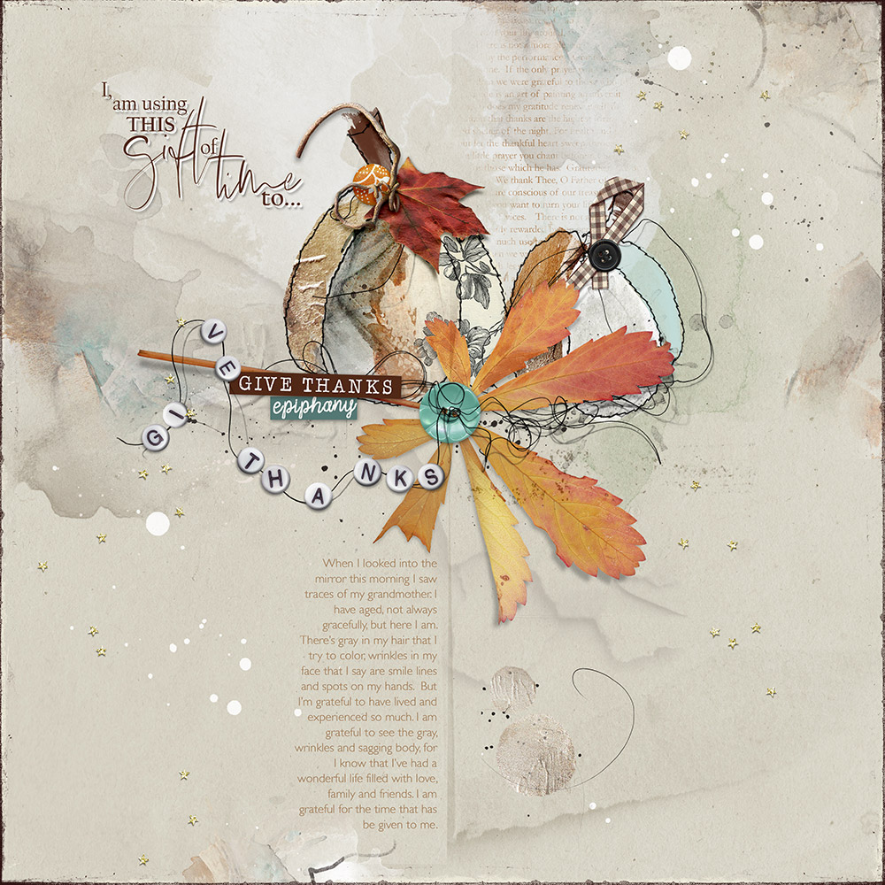 Word prompt storytelling in digital scrapbooking - Give Thanks layout by Miki Krueger