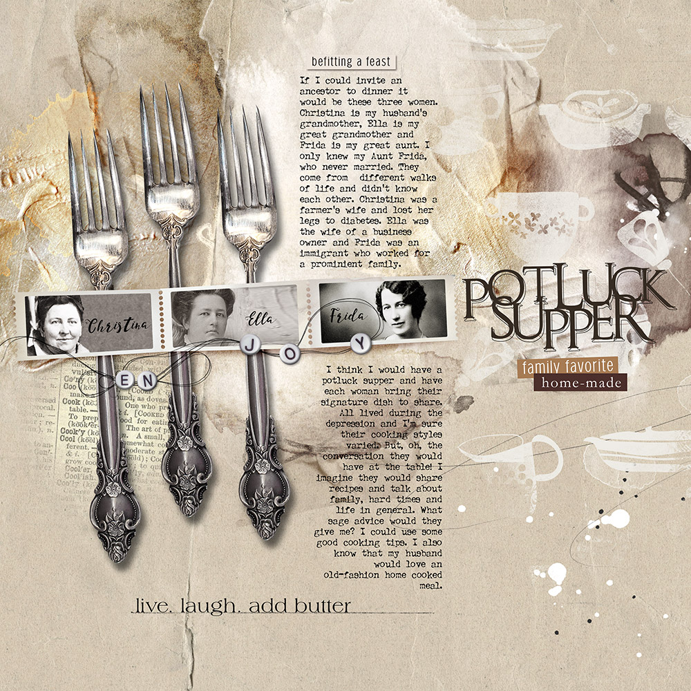 Family story digital scrapbooking layout - Potluck Supper by Miki Krueger