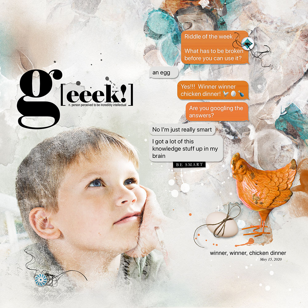 G[eeek] scrapbook layout featuring text message storytelling by Miki Krueger