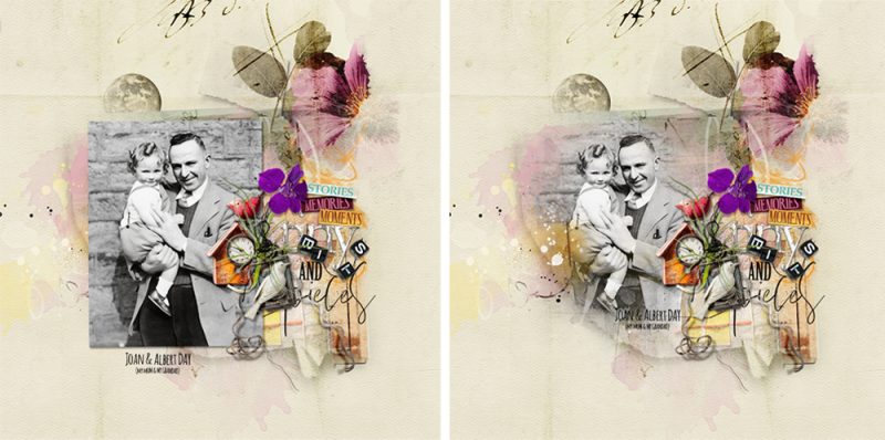 before and after of clipping masks digital scrapbooking — a flat photo versus the same photo blended with a FotoBlendz mask