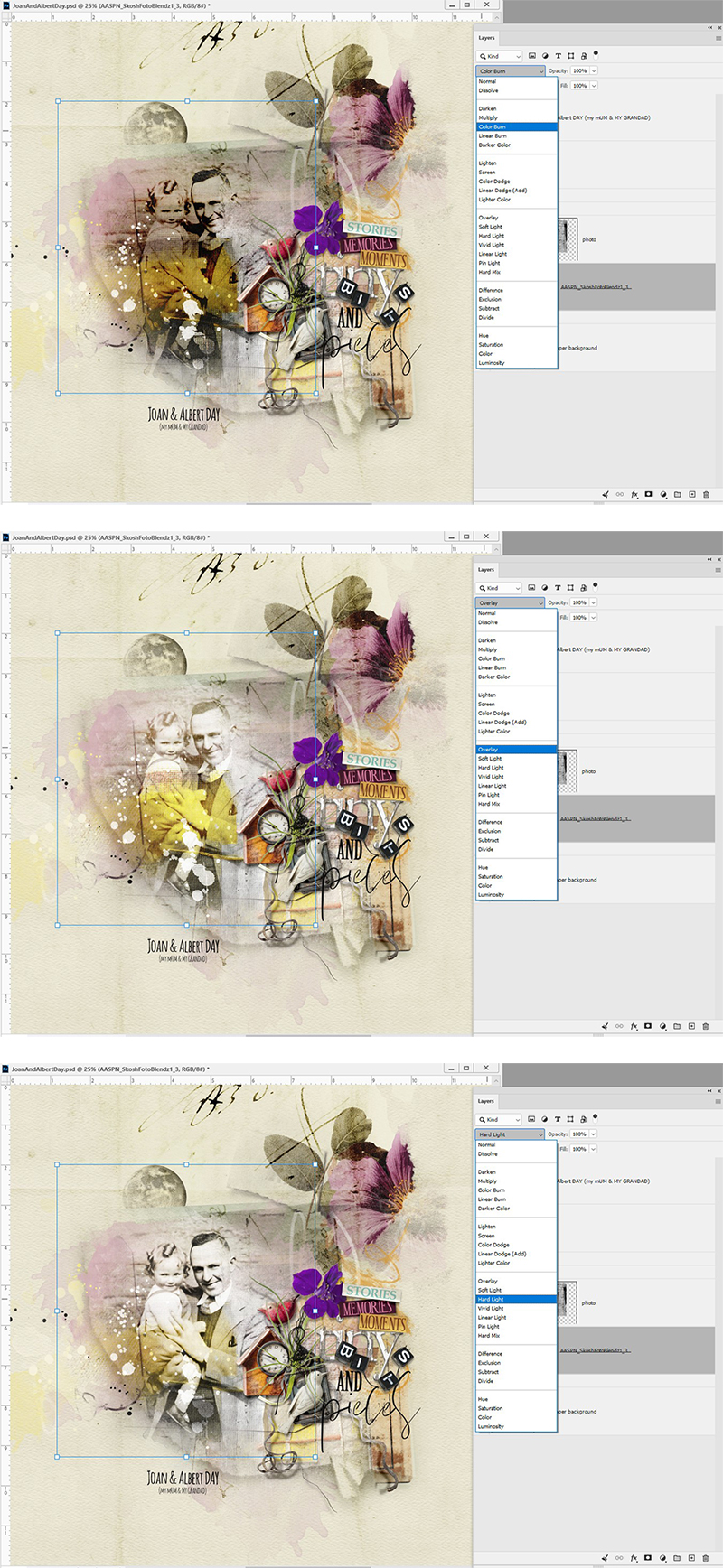 clipping masks digital scrapbooking blending modes compared — the same photo in Color Burn, Overlay and Hard Light