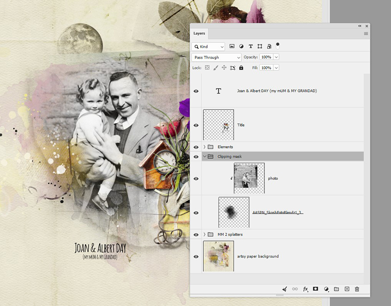 Layers Panel setup for clipping masks digital scrapbooking — photo clipped above a FotoBlendz mask above the background paper