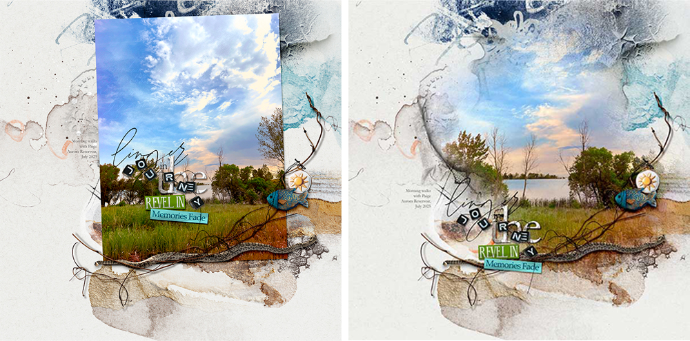 digital scrapbook photo blending before and after — a flat photo versus the same photo blended into the page