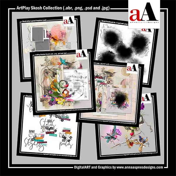 Digital scrapbook preview of ArtPlay Skosh Collection by Anna Aspnes featuring artsy brushes, overlays, word art, and mixed media elements
