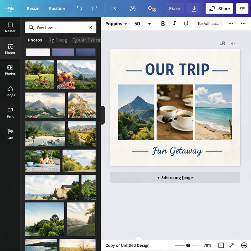 Canva editor showing a simple photo book page layout — digital scrapbooking programs comparison
