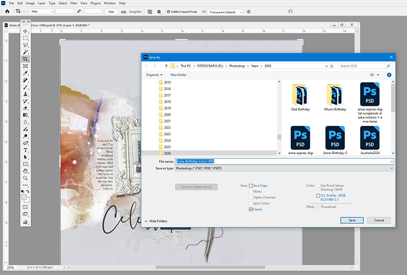 Saving a digital scrapbook page using the File Save As menu in Photoshop