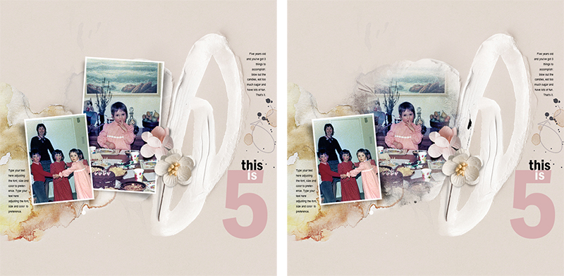 Digital vs traditional scrapbooking — one layout looks traditional, the other is blended and artsy