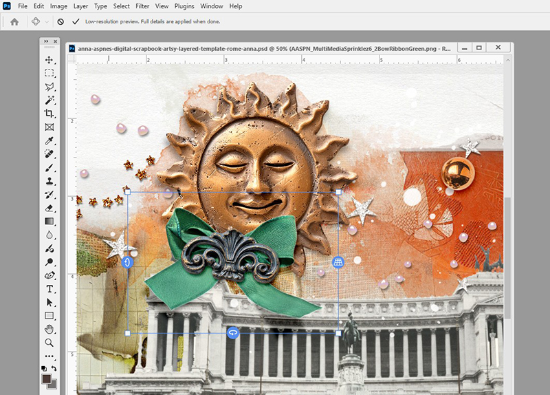 Photoshop 2026 digital scrapbooking Rotate Object on a green bow embellishment