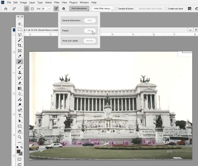 Photoshop 2026 Find Distractions highlighting people in a Rome photo
