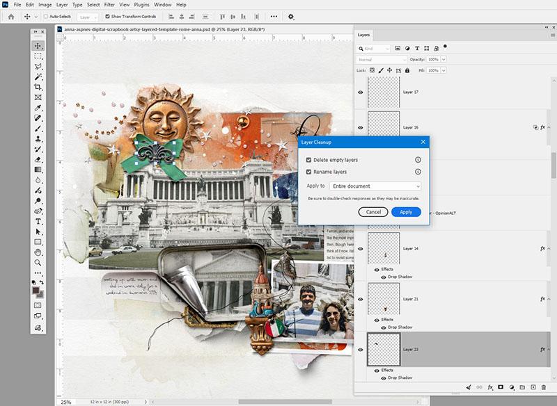 Photoshop 2026 digital scrapbooking auto-renamed layers with descriptive content names