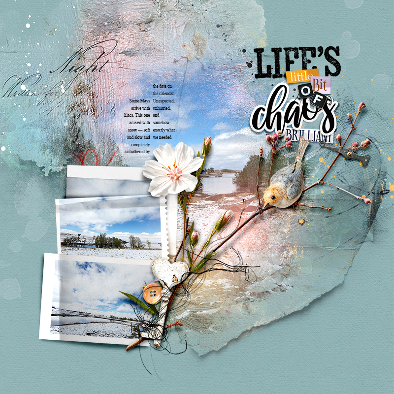 Layered artsy Photoshop scrapbooking page showing photo blending and drop shadows
